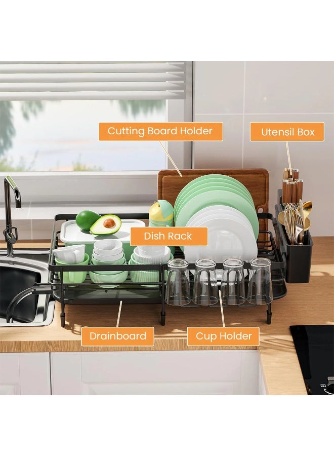 Toshionics Single Layer Expandable Foldable Retractable Dish Drying Rack with Utensil Holder & Cutting Board Holder & Drainboard Tray & Cup Holder T114726, Rotatable Drainage System Scratch Resistant Frosted Baking Process Coatings, Black - Image 3